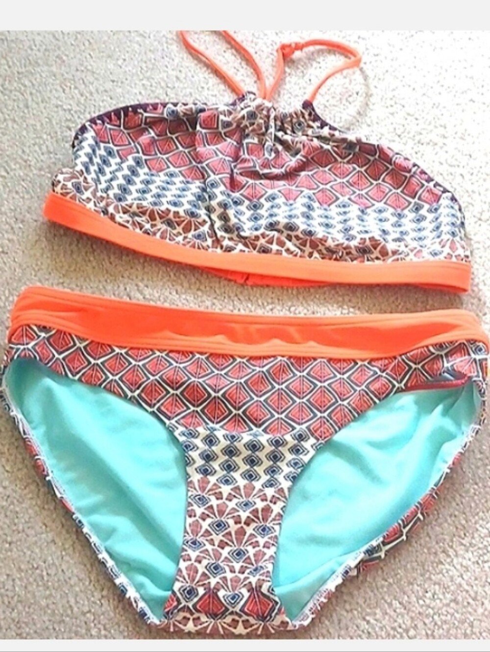 PrAna Bikini Two Piece Bathing Suit Halter Top Allnover Print Med & Small